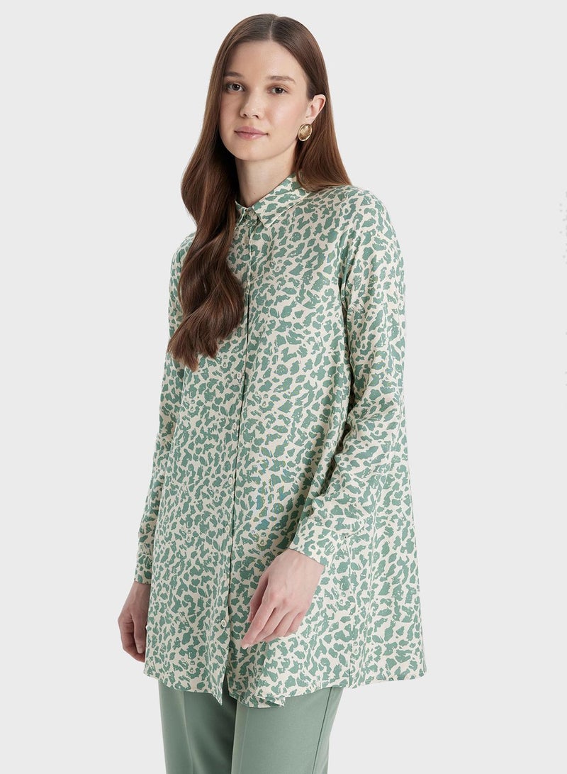 Regular Fit Shirt Collar Printed Long Sleeve Tunic