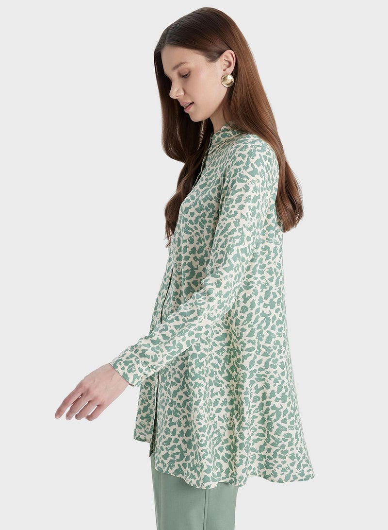 Regular Fit Shirt Collar Printed Long Sleeve Tunic