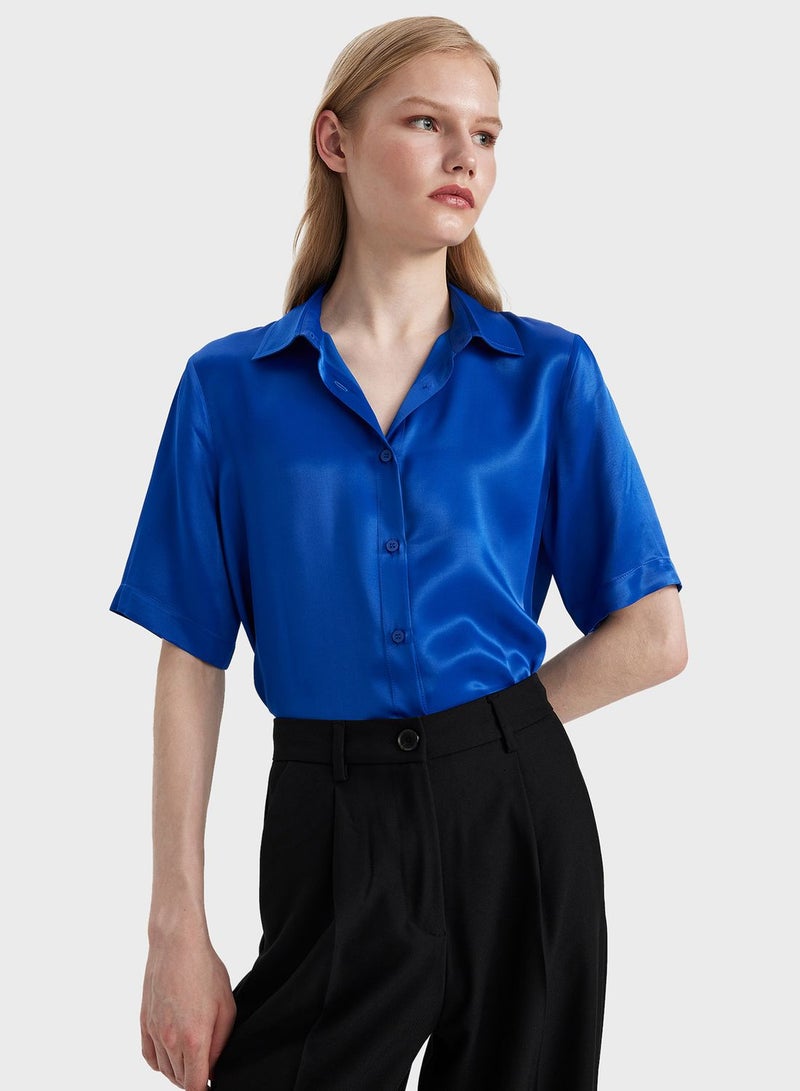 Regular Fit Shirt Collar Satin Short Sleeve Shirt