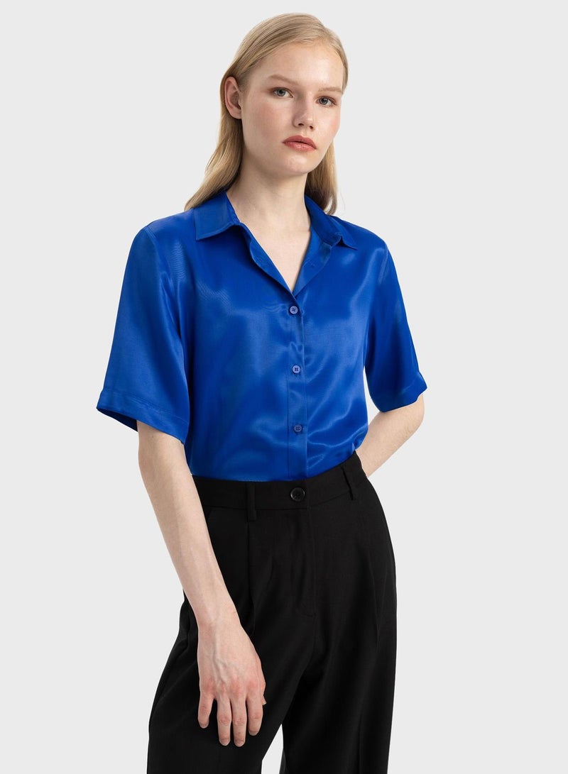 Regular Fit Shirt Collar Satin Short Sleeve Shirt