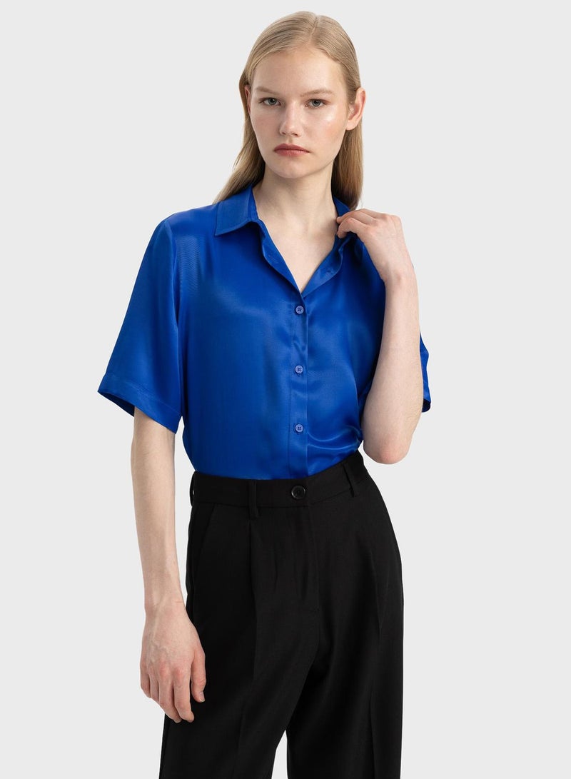 Regular Fit Shirt Collar Satin Short Sleeve Shirt