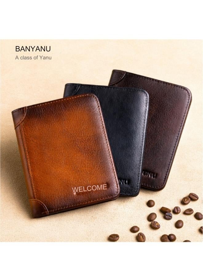 Portable Business Men's Genuine Leather Anti-theft Brush Ultra-thin Multi-card Slot Short Wallet Wallet Black