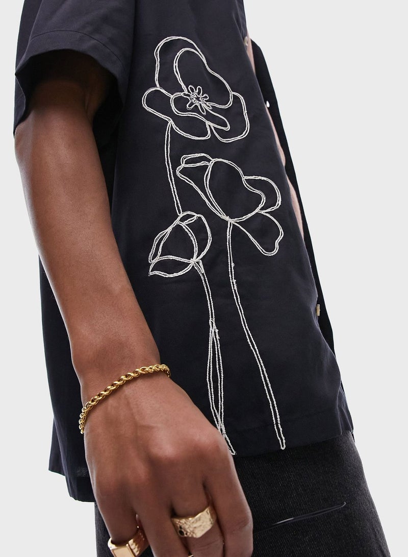 Topman Floral Embroidered Front Shirt In Black