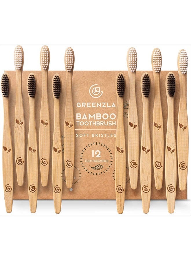 Bamboo Toothbrushes (12 Pack) | BPA Free Soft Bristles Eco-Friendly, Natural Toothbrush Set Biodegradable & Compostable Charcoal Wooden