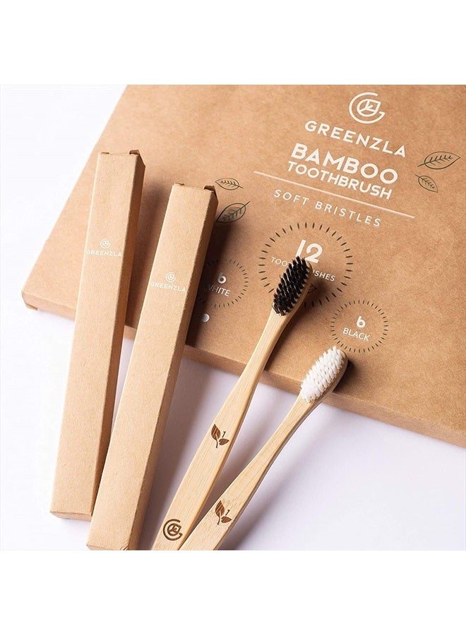 Bamboo Toothbrushes (12 Pack) | BPA Free Soft Bristles Eco-Friendly, Natural Toothbrush Set Biodegradable & Compostable Charcoal Wooden