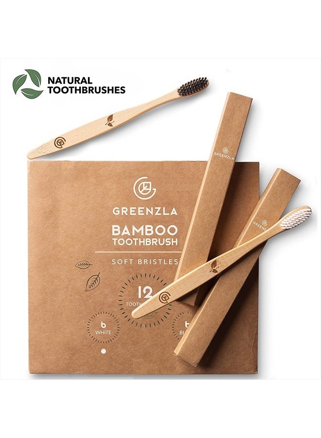 Bamboo Toothbrushes (12 Pack) | BPA Free Soft Bristles Eco-Friendly, Natural Toothbrush Set Biodegradable & Compostable Charcoal Wooden