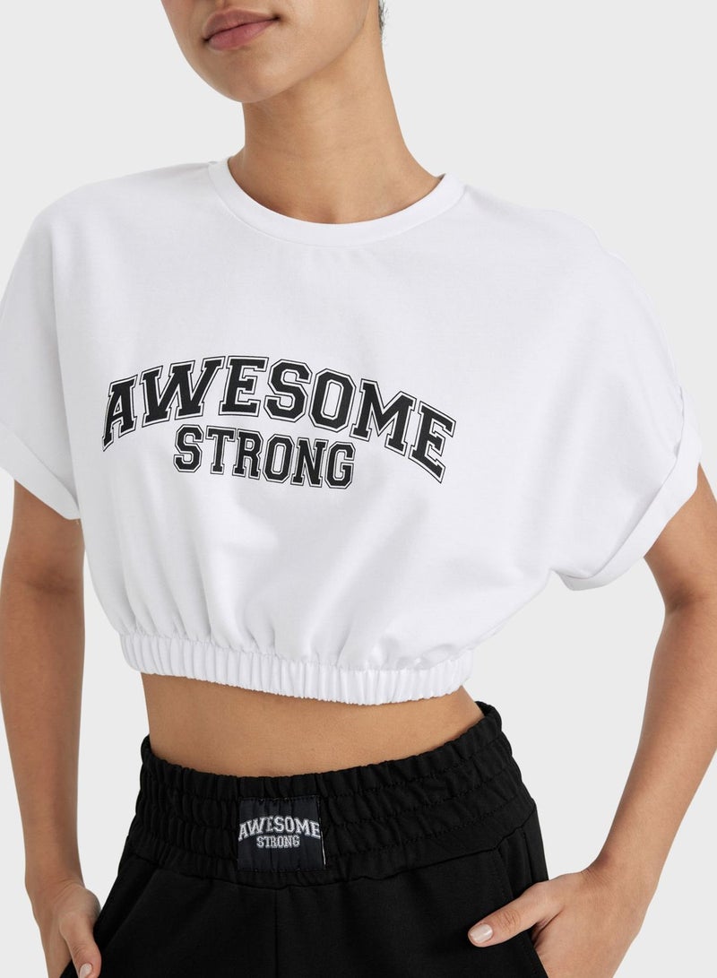 Defactofit Crop Crew Neck Slogan Printed Sports T-