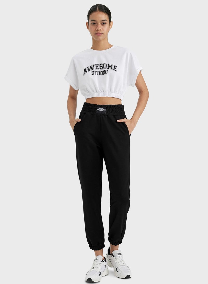 Defactofit Crop Crew Neck Slogan Printed Sports T-