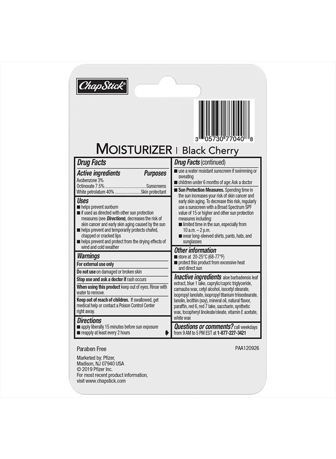 Moisturizer Black Cherry Lip Balm Tubes, SPF 15 Sunscreen and Skin Protectant - 0.15 Oz (Pack of 3)