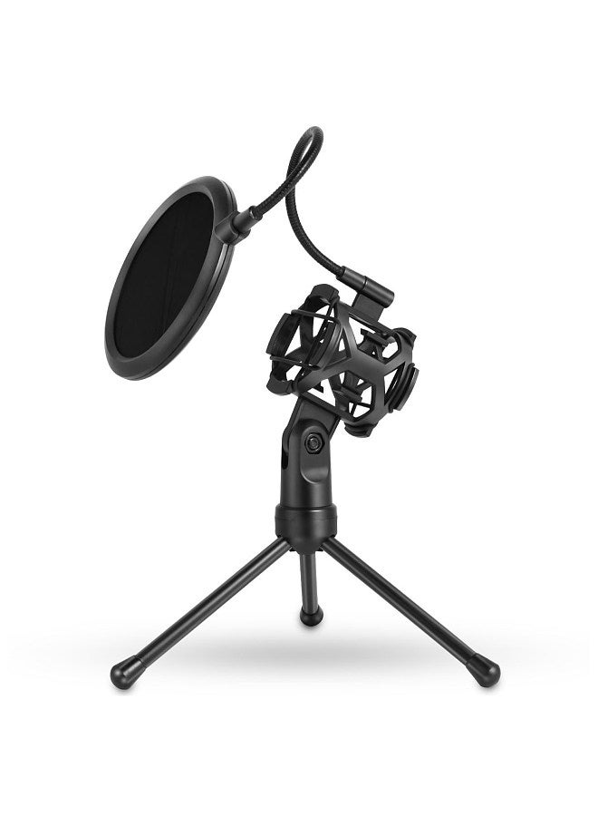 Desktop Microphone Tripod Stand Foldable Mic Stand with Shock Mount Portable Mic Holder Double-Net Pop Filter Gooseneck for Podcasts Internet Chat Meetings Lectures Online Show