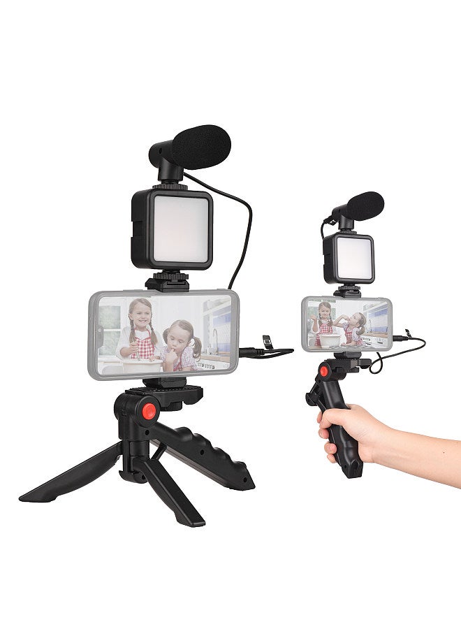 Smartphone Vlog Kit Mini LED Video Light + Cardioid Microphone + Extendable Phone Clip + Tripod with Adjustable Brightness for Live Stream Vlog Video Shooting Video Conference Selfie