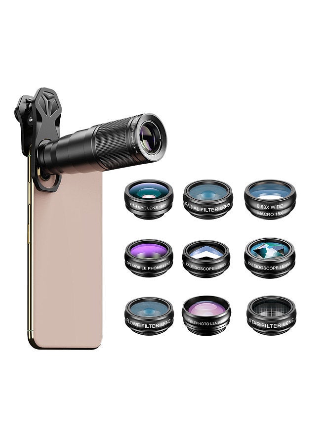 10-in-1 Phone Lens Kit with 22X Telephoto Lens 198° Fisheye Lens Kaleidoscope Lens 0.63X Wide Angle Lens 15X Macro Lens Various Filter Lens Universal Clip Storage Box Replacement