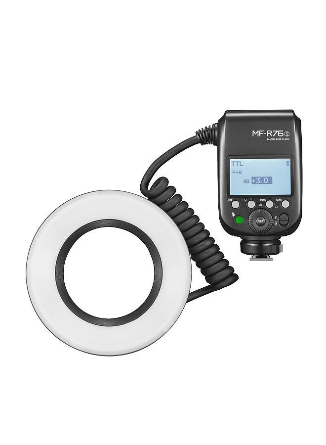 MF-R76S TTL Macro Ring Flash Light GN14 10 Levels Adjustable Brightness with 8pcs Adapter Ring Large Capacity Battery Replacement for Sony Camera