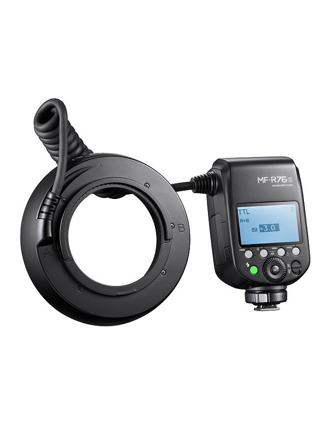 MF-R76S TTL Macro Ring Flash Light GN14 10 Levels Adjustable Brightness with 8pcs Adapter Ring Large Capacity Battery Replacement for Sony Camera