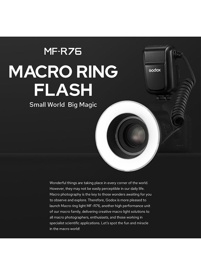 MF-R76 Universal Macro Ring Flash Light GN14 10 Levels Adjustable Brightness with 8pcs Adapter Ring Large Capacity Battery Replacement for Canon Nikon Sony Fuji Olympus Panasonic Pentax DSLR Camera