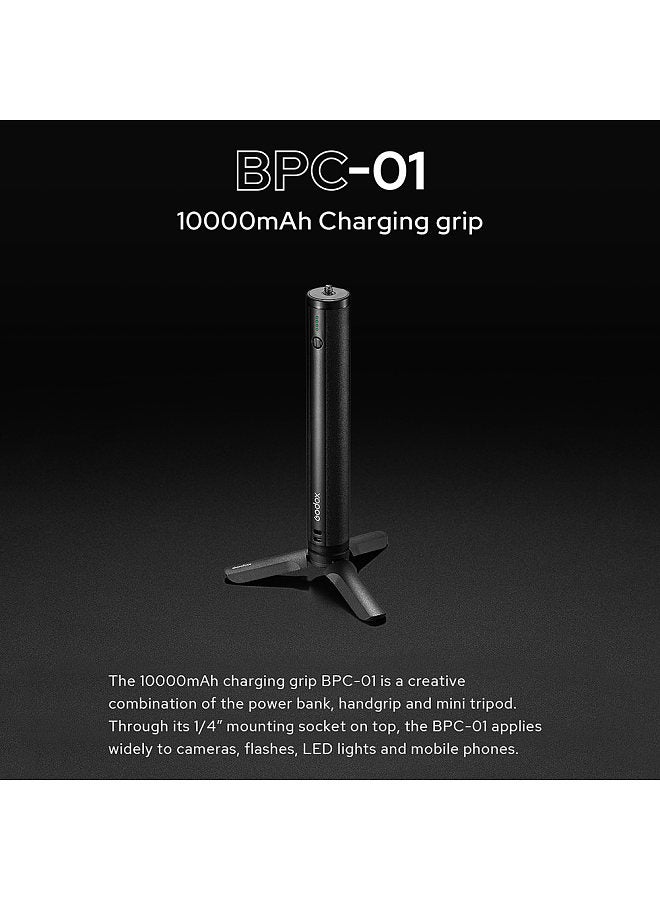 BPC-01 10000mAh Charging Grip Power Bank Hand Grip USB Output & Type-C Input/Output Port with Mini Tripod USB Charging Cable Wrist Strap for Camera Flashes LED Light Mobile Phone
