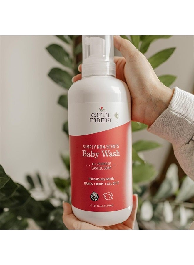 Simply Non-Scents Baby Wash Foaming Hand Soap, Organic All-Purpose Fragrance Free Body Wash for Sensitive Skin, Castile Soap with Coconut Oil, Shea Butter, Calendula, & Aloe, 34floz