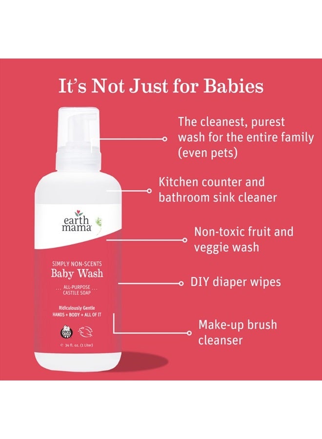 Simply Non-Scents Baby Wash Foaming Hand Soap, Organic All-Purpose Fragrance Free Body Wash for Sensitive Skin, Castile Soap with Coconut Oil, Shea Butter, Calendula, & Aloe, 34floz