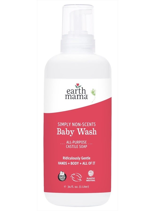 Simply Non-Scents Baby Wash Foaming Hand Soap, Organic All-Purpose Fragrance Free Body Wash for Sensitive Skin, Castile Soap with Coconut Oil, Shea Butter, Calendula, & Aloe, 34floz