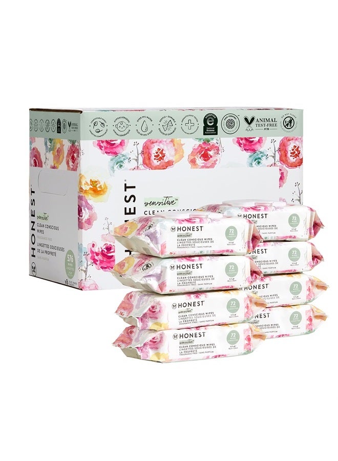 Clean Conscious Unscented Wipes | Over 99% Water, Compostable, Plant-Based, Baby Wipes | Hypoallergenic for Sensitive Skin, EWG Verified | Rose Blossom, 576 Count