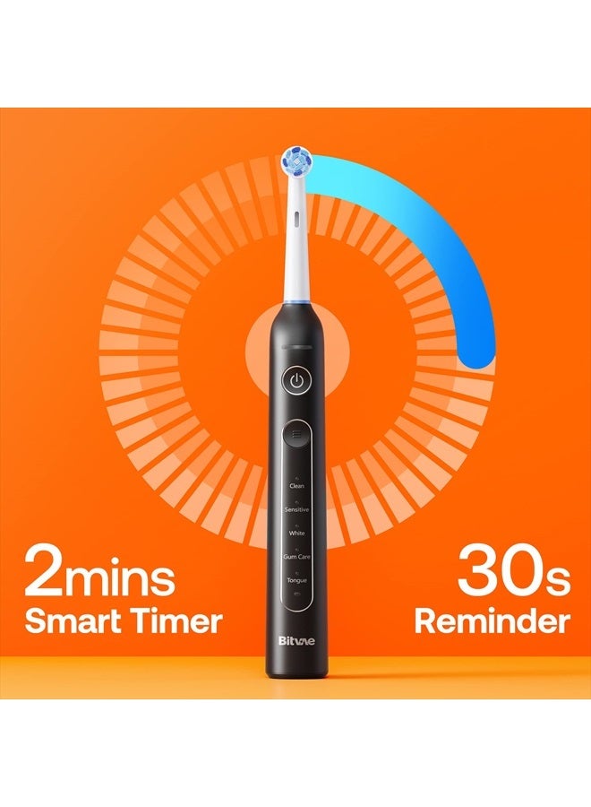 R2 Rotating Electric Toothbrush for Adults with 8 Brush Heads, Travel Case, 5 Modes Rechargeable Power Toothbrush with Pressure Sensor, 3 Hours Fast Charge for 30 Days, Black