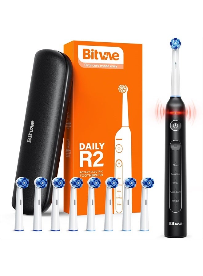 R2 Rotating Electric Toothbrush for Adults with 8 Brush Heads, Travel Case, 5 Modes Rechargeable Power Toothbrush with Pressure Sensor, 3 Hours Fast Charge for 30 Days, Black