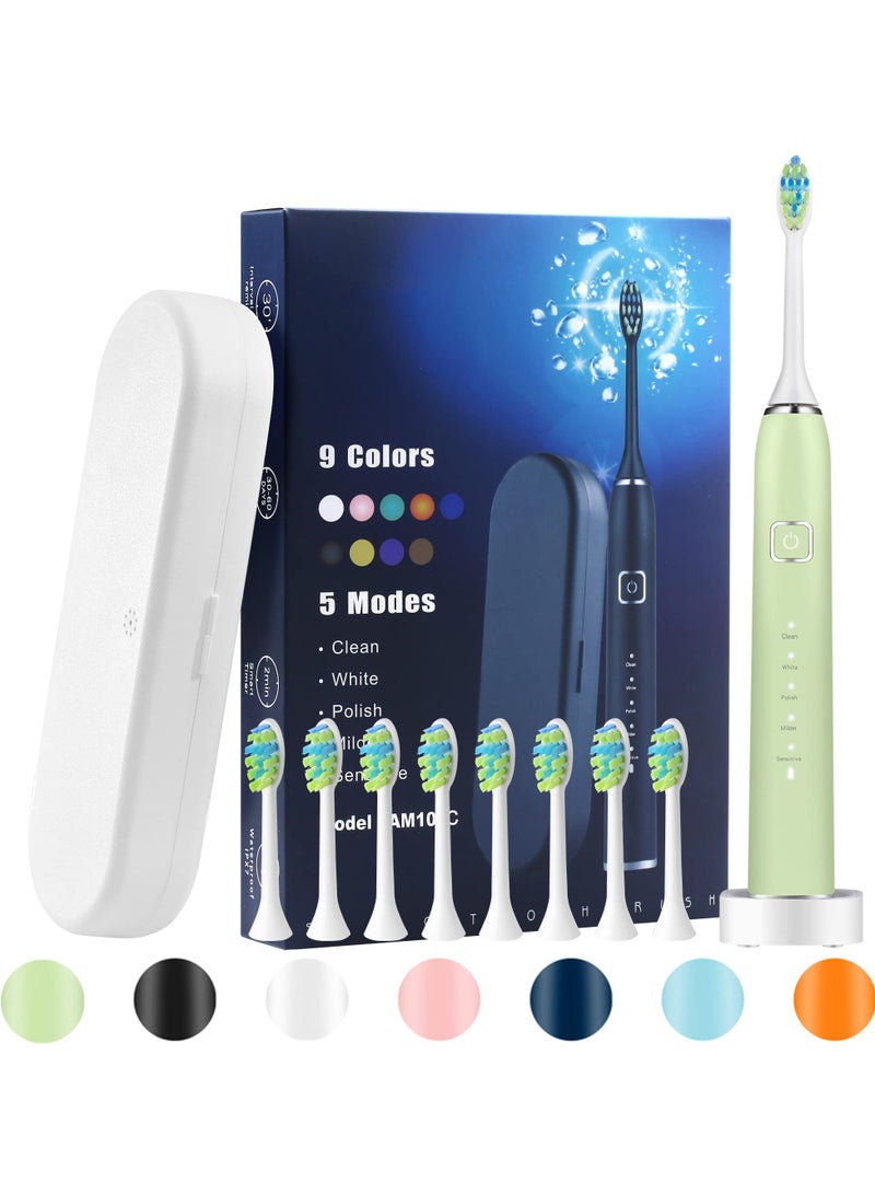 Sonic Electric Toothbrush for Adults and Children with 8 Brushes and Travel Case, 90 Days on One Charge, 5 Modes, 2 Minutes Built-in Smart Timer, IPX7 Waterproof (Green)