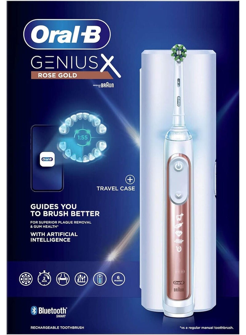 Oral-B Genius X Electric Toothbrush with Artificial Intelligence, App Connected Handle, Travel Case, 6 Mode Display with Teeth Whitening, Rose Gold