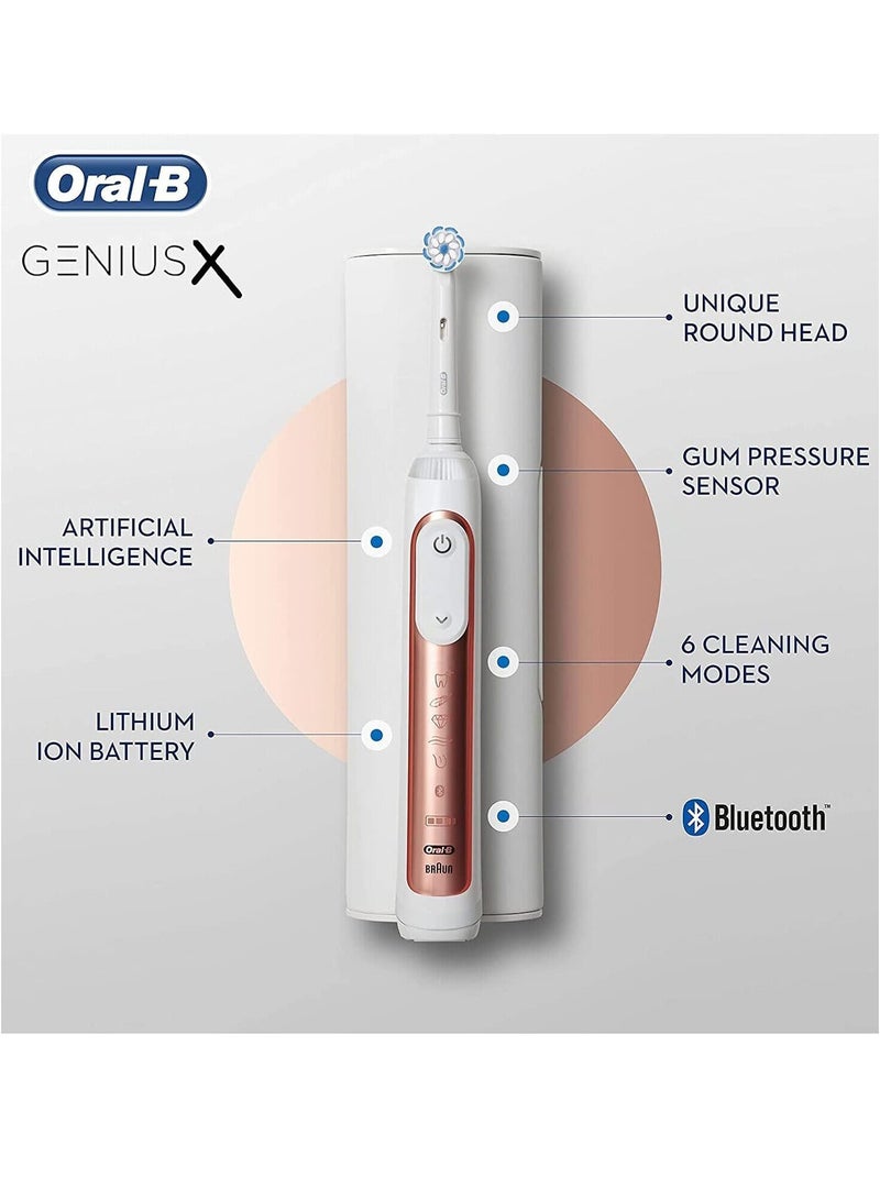 Oral-B Genius X Electric Toothbrush with Artificial Intelligence, App Connected Handle, Travel Case, 6 Mode Display with Teeth Whitening, Rose Gold