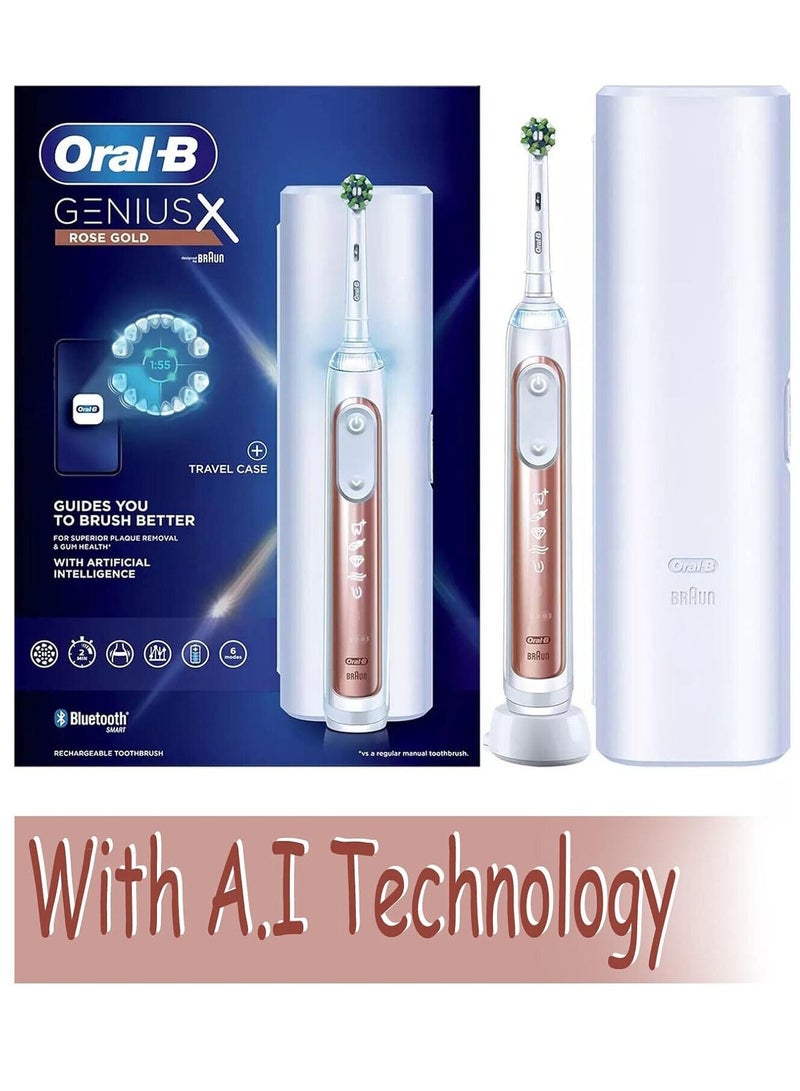 Oral-B Genius X Electric Toothbrush with Artificial Intelligence, App Connected Handle, Travel Case, 6 Mode Display with Teeth Whitening, Rose Gold