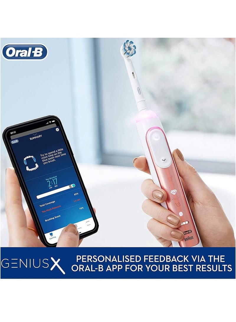 Oral-B Genius X Electric Toothbrush with Artificial Intelligence, App Connected Handle, Travel Case, 6 Mode Display with Teeth Whitening, Rose Gold