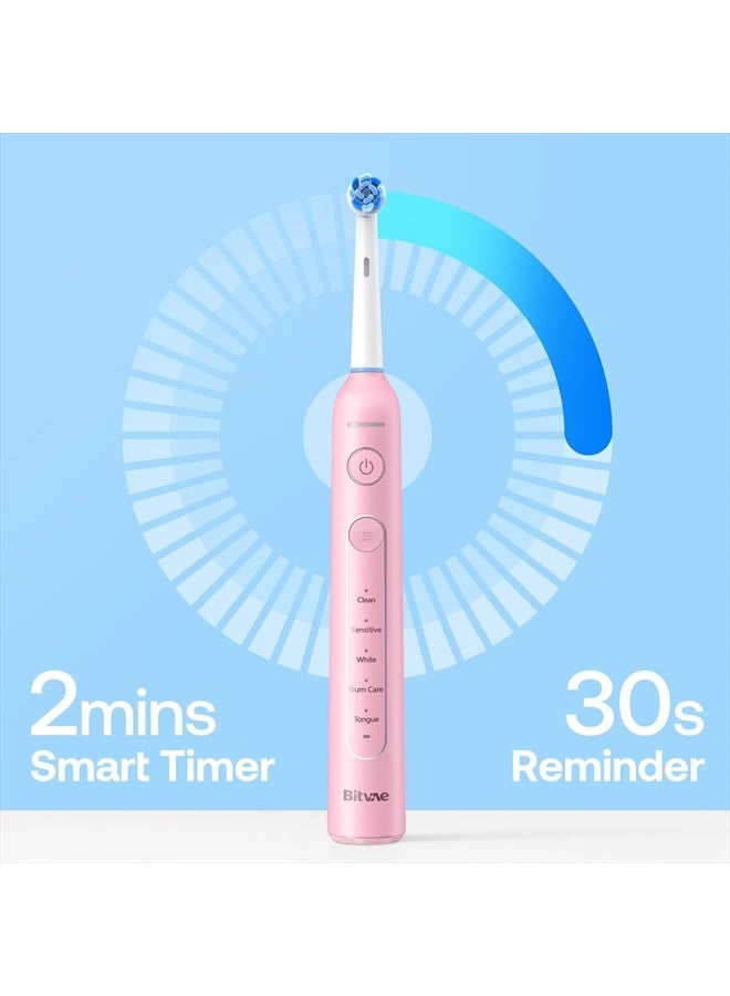 R2 Rotating Electric Toothbrush for Adults with 8 Brush Heads, 5 Modes Rechargeable Power Toothbrush with Pressure Sensor, Pink