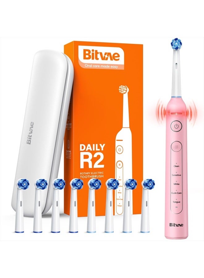 R2 Rotating Electric Toothbrush for Adults with 8 Brush Heads, 5 Modes Rechargeable Power Toothbrush with Pressure Sensor, Pink