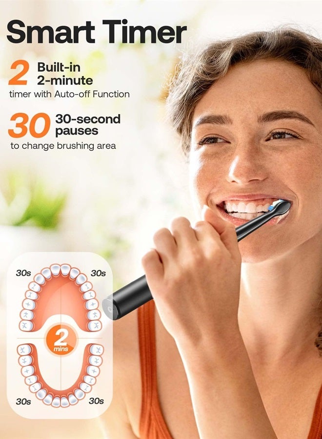 Electric Toothbrush for Adults - Ultrasonic Electric Toothbrushes with 8 Brush Heads, ADA Accepted Power Rechargeable Toothbrush with 5 Modes, Smart Timer, Black D2