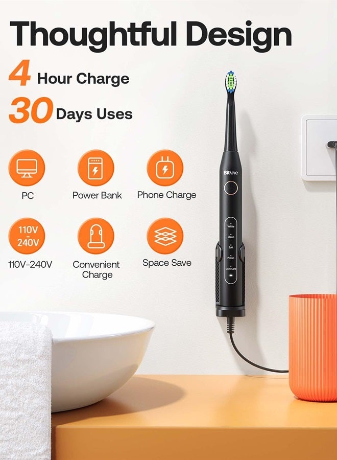 Electric Toothbrush for Adults - Ultrasonic Electric Toothbrushes with 8 Brush Heads, ADA Accepted Power Rechargeable Toothbrush with 5 Modes, Smart Timer, Black D2