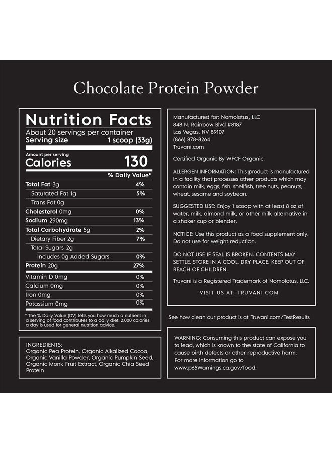 Vegan Protein Powder | Chocolate | 20g Organic Plant Based Protein | 20 Servings | Pea Protein for Women and Men | Keto | Gluten & Dairy Free | Low Carb | No Added Sugar