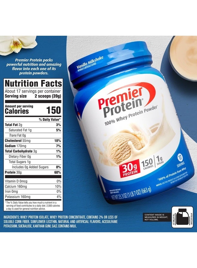 Powder, Vanilla Milkshake, 30g Protein, 1g Sugar, 100% Whey Protein, Keto Friendly, No Soy Ingredients, Gluten Free, 17 Servings, 23.3 Ounces