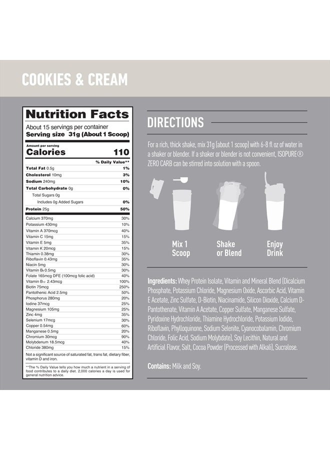 Protein Powder, Zero Carb Whey Isolate, Gluten Free, Lactose Free, 25g Protein, Keto Friendly, Cookies & Cream, 15 Servings, 1 Pound (Packaging May Vary)