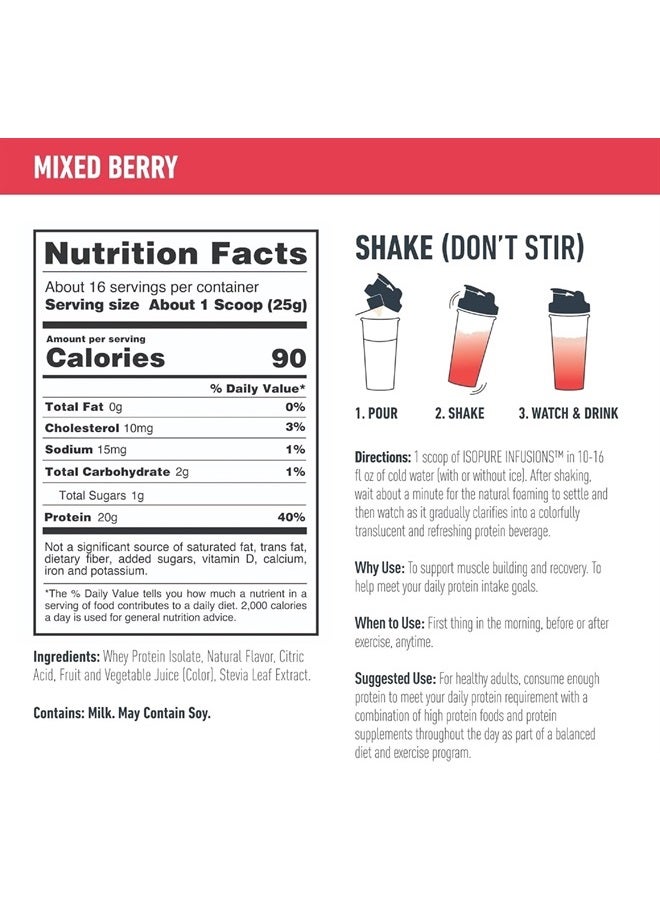 Protein Powder, Clear Whey Isolate Protein, Post Workout Recovery Drink Mix, Gluten Free with Zero Added Sugar, Infusions- Mixed Berry, 16 Servings