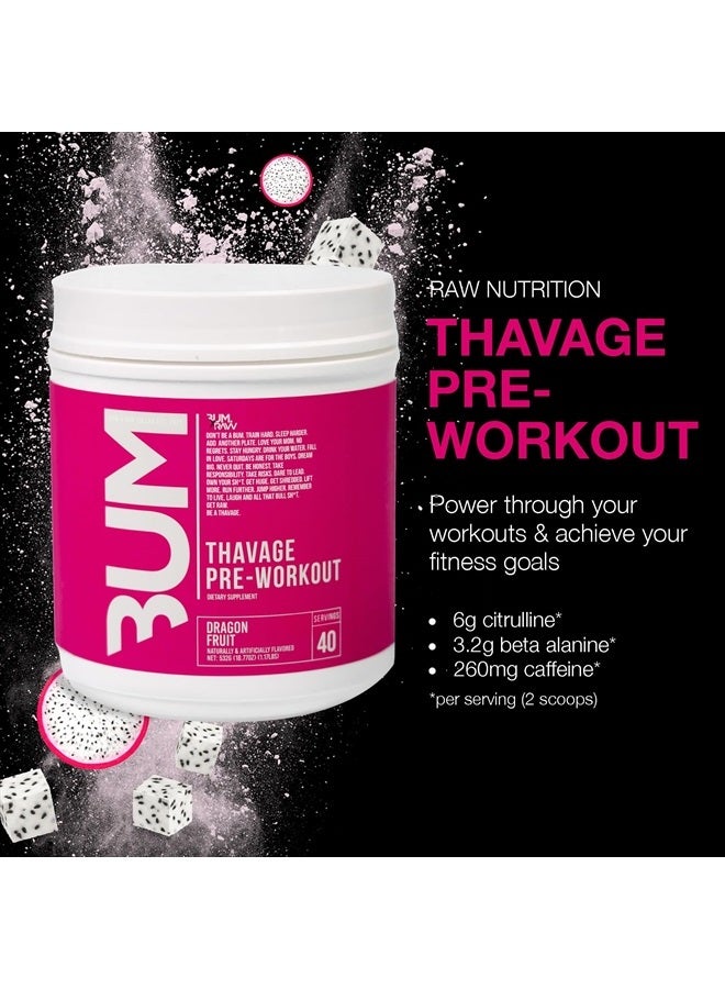 Preworkout Powder, Thavage (Dragon Fruit) - Chris Bumstead Sports Nutrition Supplement for Men & Women - Cbum Pre Workout for Working Out, Hydration, Mental Focus & Energy - 40 Servings
