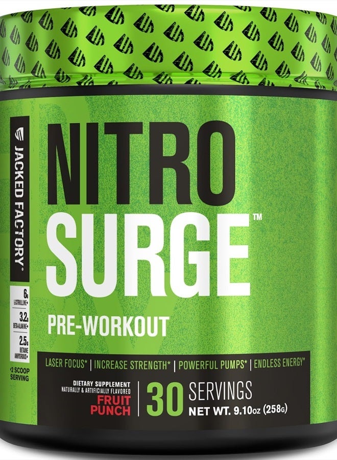 NITROSURGE Pre Workout Supplement - Endless Energy, Instant Strength Gains, Clear Focus & Intense Pumps - NO Booster & Powerful Preworkout Energy Powder - 30 Servings, Fruit Punch