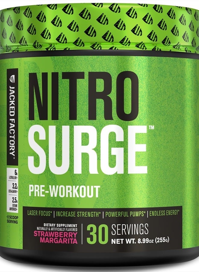 NITROSURGE Pre Workout Supplement - Endless Energy, Instant Strength Gains, Clear Focus, Intense Pumps - NO Booster & Powerful Energy Powder - 30 Servings, Strawberry Margarita