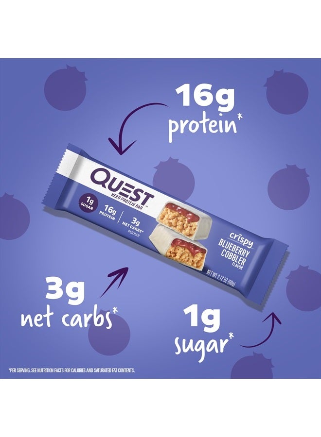 Crispy Blueberry Cobbler Hero Protein Bar, 16g Protein, 1g Sugar, 3g Net Carb, Gluten Free, Keto Friendly, 12 Count