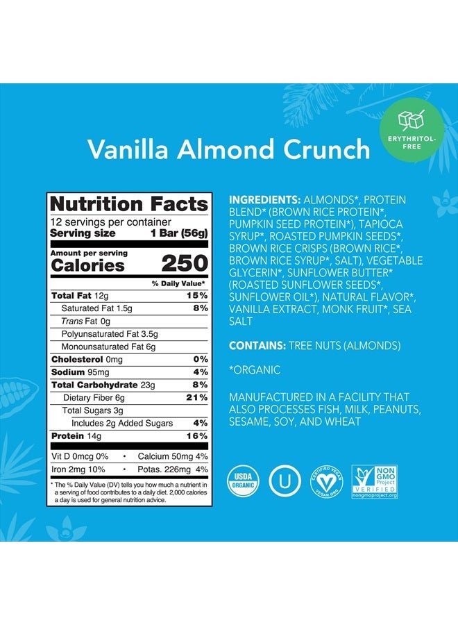 Organic Plant Based Protein Bars, Vanilla Almond Crunch, 1.98-Ounce Bars, (Pack of 12)