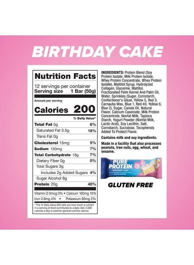Bars, High Protein, Nutritious Snacks to Support Energy, Low Sugar, Gluten Free, Birthday Cake, 1.76 oz, Pack of 12 (Packaging May Vary)