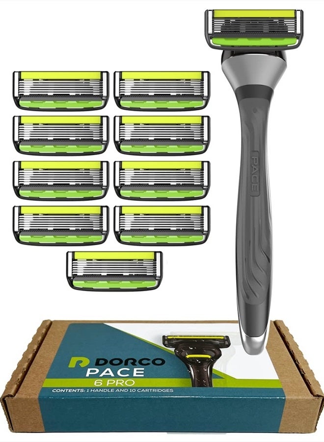 Dorco Pace 6 Pro - Six Blade Razor System with Trimmer - 10 Pack (1 Handle + 10 Cartridges)