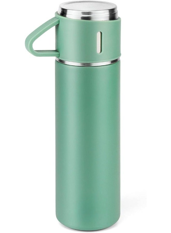 500ml Stainless Steel Coffee Thermo Vacuum Flask Set - Insulated Water Bottle with Three Cups for Hot & Cold Drinks - Green - Travel Mug for Office, Home, Outdoors