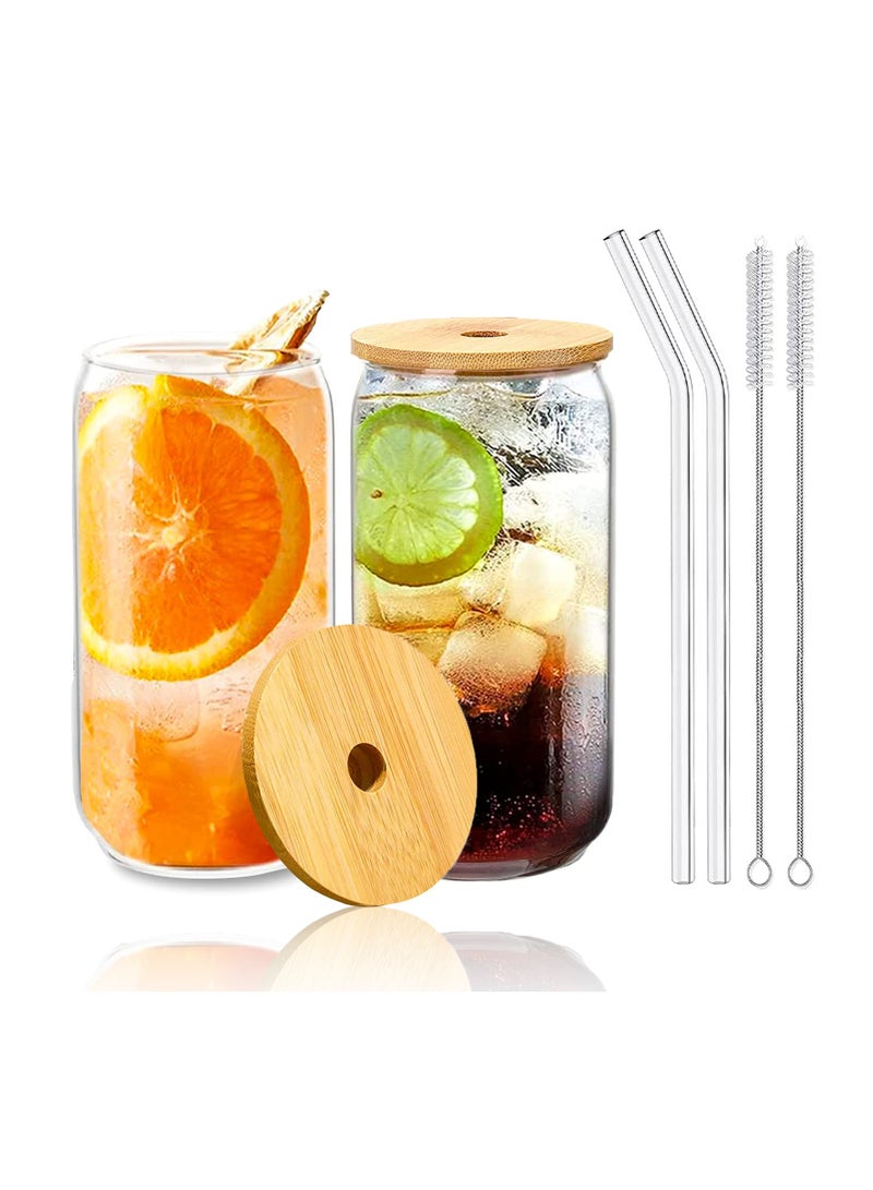 2pcs Drinking Glasses with Bamboo Lids and Glass Straw Set