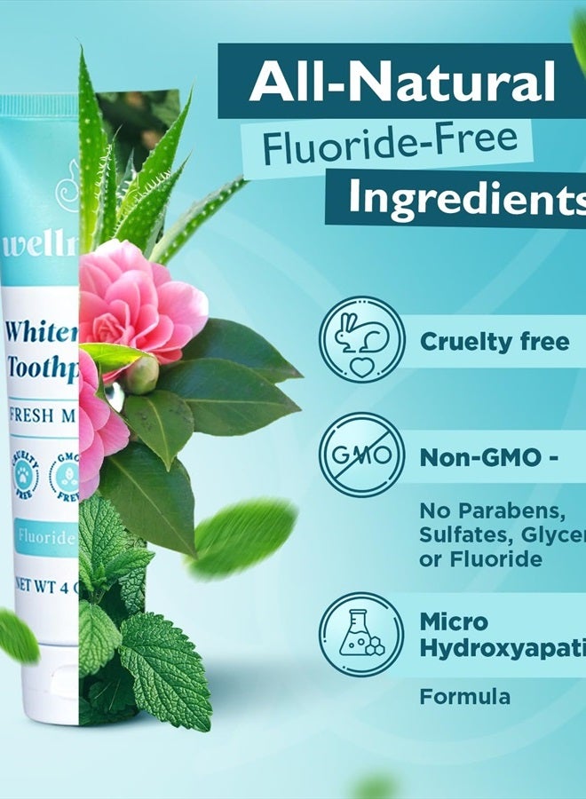 Whitening Toothpaste - Teeth Whitening Fluoride Free Natural Toothpaste - Fresh Mint - 3 Tubes, 4 oz - Made with Hydroxyapatite Powder, Green Tea Powder, and Aloe Vera
