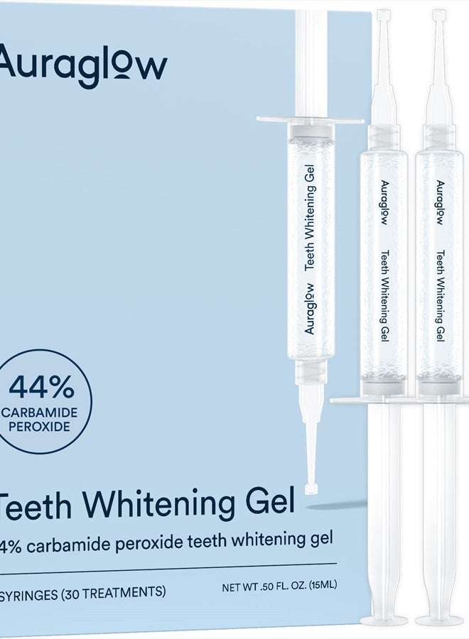 Auraglow 44% Teeth Whitening Gel Syringe Refill Pack, 44% Carbamide Peroxide, (3X) 5ml Syringes, 30 Whitening Treatments